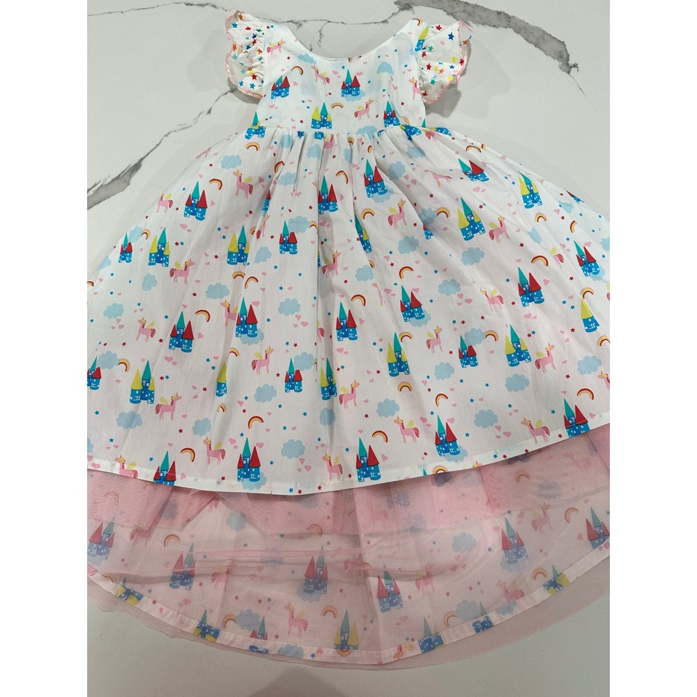 Wildflowers Girls Castle Unicorn Rainbow High-Low Tulle Dress White Pink Size 4